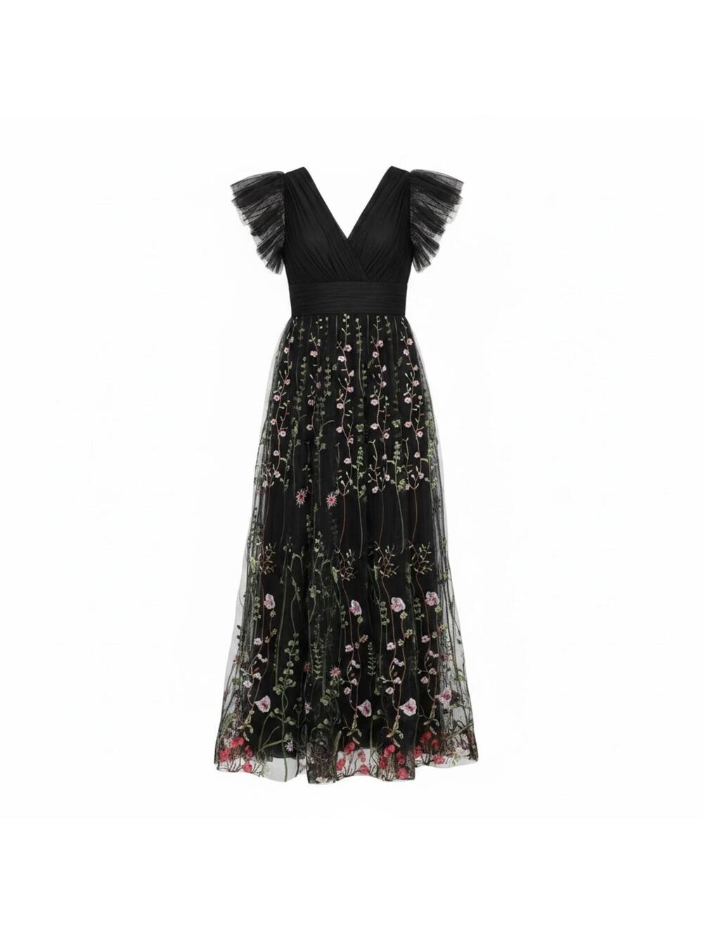 JJ's House Black Floral Embroidered Tulle Evening Dress Large